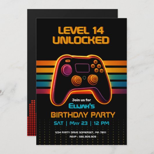 Level Up Gamer Birthday Invitation – Neon Game (Devant / Derrière)