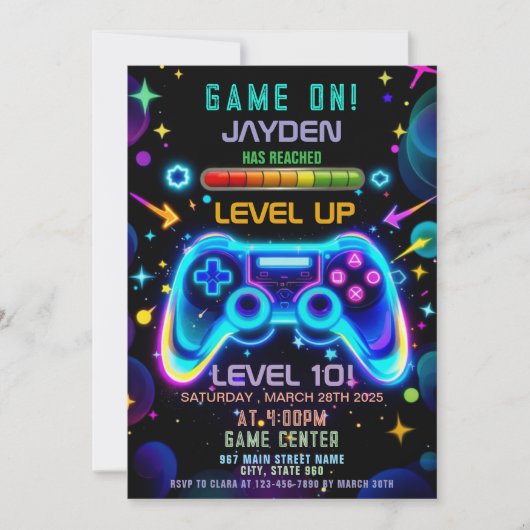 Level Up Gamer Birthday Invitation – Neon Game (Devant)