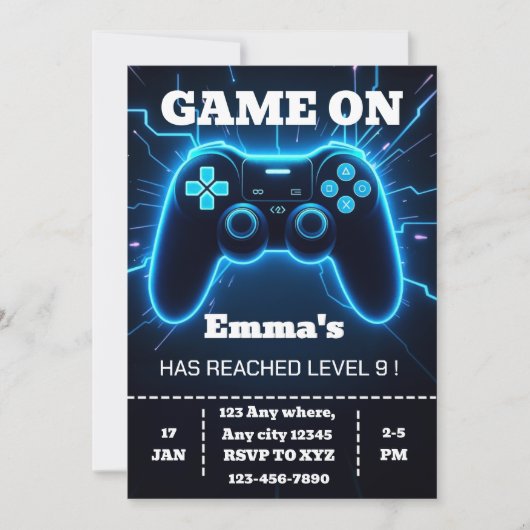 Level Up Gamer Birthday Invitation – Neon Game (Devant)