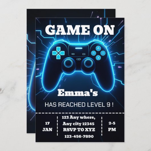Level Up Gamer Birthday Invitation – Neon Game (Devant / Derrière)