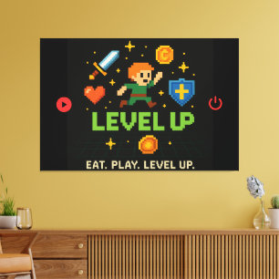 Level Up Gamer Canvas – Pixel Retro Muurkunst Afdruk