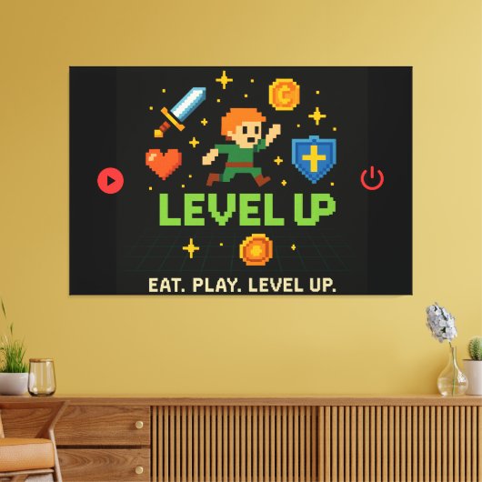 Level Up Gamer Canvas – Pixel Retro Wall Art (Insitu (Woonkamer))