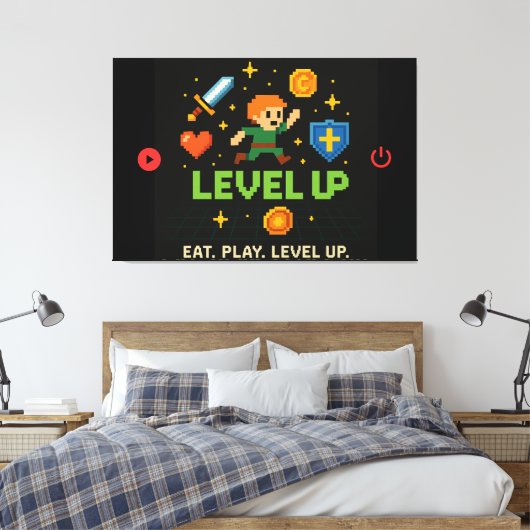 Level Up Gamer Canvas – Pixel Retro Wall Art (Insitu (Slaapkamer))