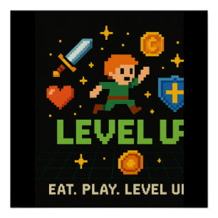 Level Up Gamer Poster – Retro Pixel Game Art Perfect Poster