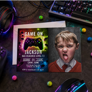 Level Up! Neon Video Game Verjaardagsfeest Uitnodi Kaart