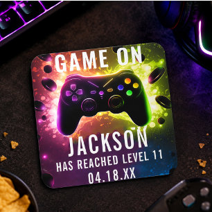 Level Up! Neon Videospel Verjaardagsfeestje Vierkante Sticker