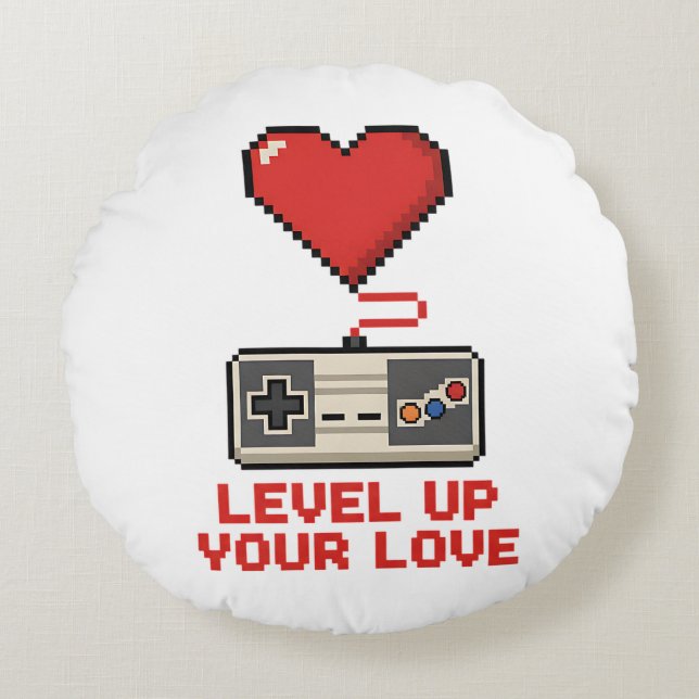 Level Up Your Love, Retro Pixel Gaming Design Rond Kussen (Voorkant)