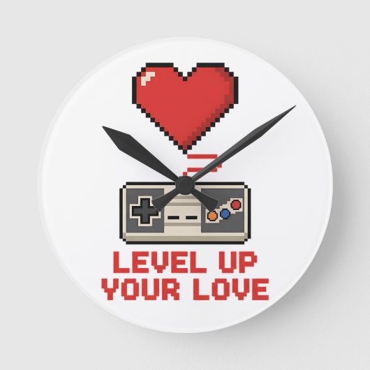 Level Up Your Love, Retro Pixel Gaming Design Ronde Klok (Voorkant)