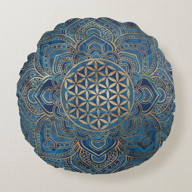 Leven in Lotus - Blauwe marmer en goud Rond Kussen (Voorkant)