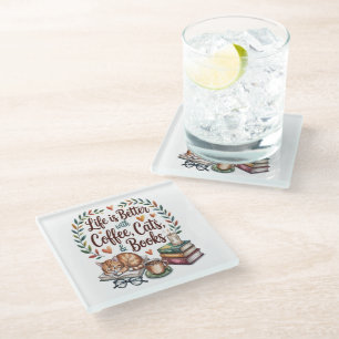 Leven is beter met koffie katten boeken glazen onderzetter