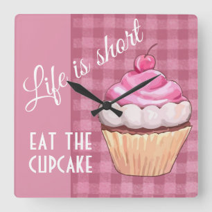 Leven is Kort Eet Cupcake Roze Gingham Vierkante Klok