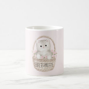 Leven is Pretty Kitty in een Mandje Blush Roze Roz Koffiemok