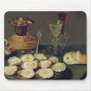Leven met oesters en bril (olie op het paneel) muismat