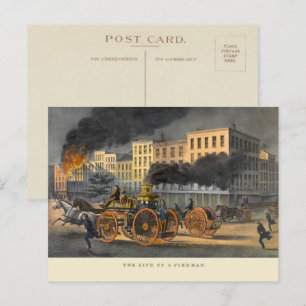 Leven van een Fireman Vintage 1860s Lithograaf Briefkaart