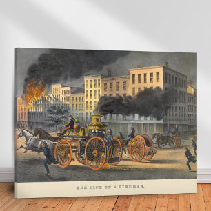 Leven van een Fireman Vintage 1860s Lithograaf Canvas Afdruk