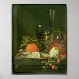 Leven van oesters, druiven, brood poster