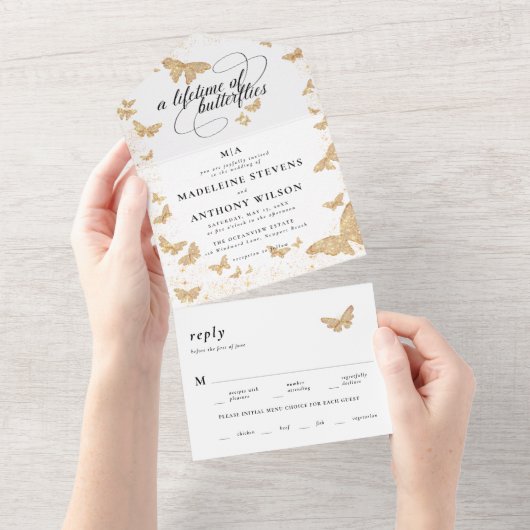 Leven van vlinders Elegante romantische bruiloft All In One Uitnodiging (Afscheurbaar)