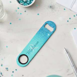 Levend Blauw Glitter Ombre Monogram Stijlvol Speed Flessenopener