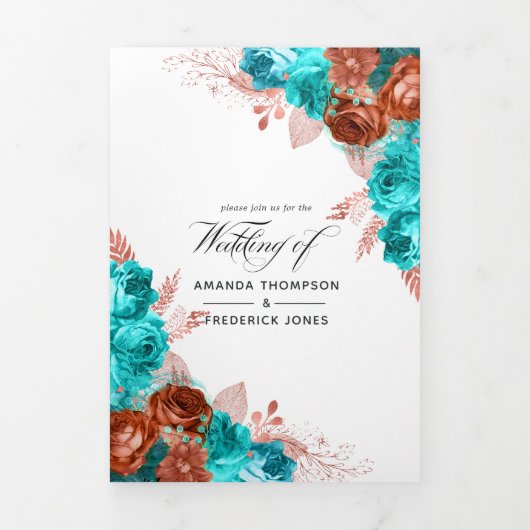 Levend koraal en Blauwgroen huwelijk Drieluik Uitnodiging (Cover)