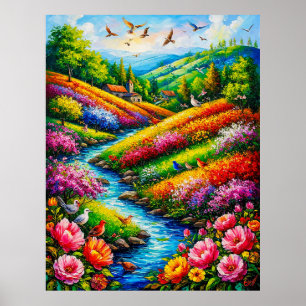 Levend Landschap met Bloeiende Bloemen Poster