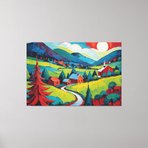 Levend Landschap Schilderij Bij Zonsondergang Canvas Afdruk