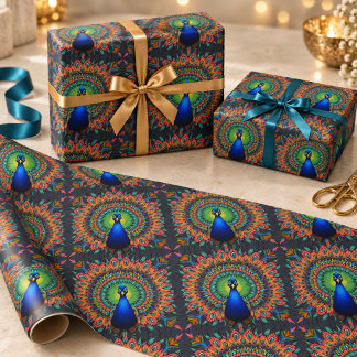 Levend patroon van pauwenveren in een caleidoscoop cadeaupapier