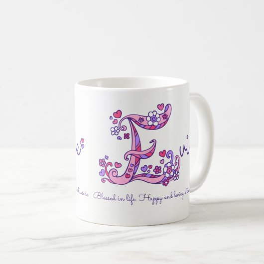 Levende benaming: decoratieve E-monogram-mok Koffiemok (Voorkant rechts)