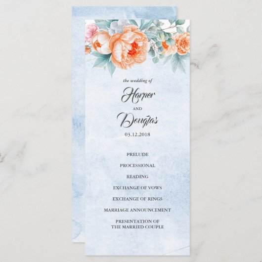 Levende koraal bloemenelegante bruiloft programma' programma (Voorkant / Achterkant)