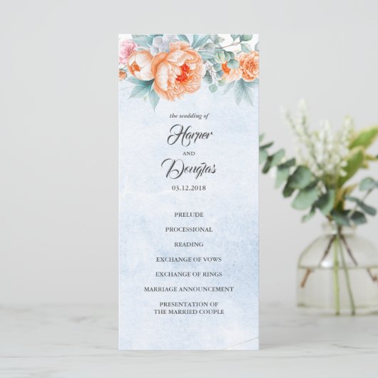Levende koraal bloemenelegante bruiloft programma' programma (Staand voorkant)