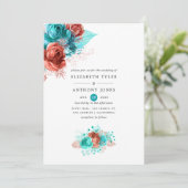Levende koraal en Turquoise Floral Wedding Kaart (Staand voorkant)