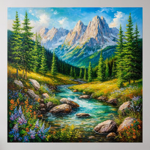 Levendig Alpenlandschap met Bloeiende Wilde Bloeme Poster