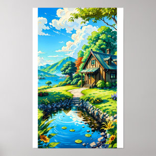 Levendig Anime Natuur Landschap Blokhut Stroom Pos Poster