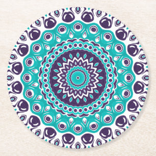 Levendig Aqua en Plum Mandala Patroon Ronde Kartonnen Onderzetter