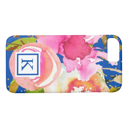 Levendig Blauw Bloemen en Confetti Monogram Case-Mate iPhone Case (Achterkant (Horizontaal))
