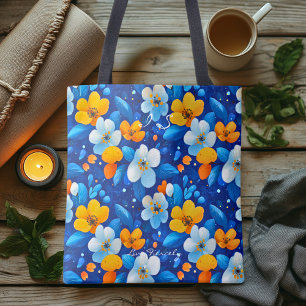 Levendig Blauw Bloempatroon – Kleurrijk Botanisch Draagtas