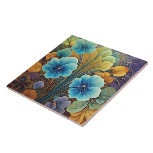 Levendig blauw en Oranje bloemontwerp Tegeltje (Zijkant)