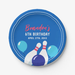 Levendig blauw en rood bowlen 6e verjaardag papieren bordje