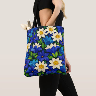 Levendig Blauw & Wit Bloemmotief Draagtas