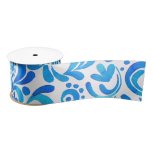 Levendig Blauw-Wit Waterverf Botanisch Lint