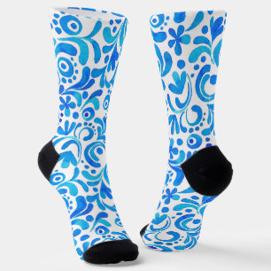 Levendig Blauw-Wit Waterverf Botanisch Sokken