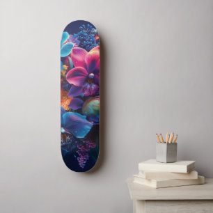 Levendig bloemboeket met neonbloemen skateboard