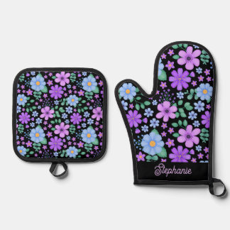 Levendig Bloemenblauw Paarse Violet gepersonalisee Ovenwant & Pannenlap Set