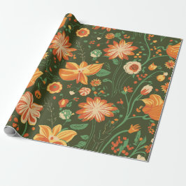 Levendig bloemenpatroon met Sinaasappel & gele blo Cadeaupapier