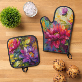  levendig bloemenschilderij ovenwant & pannenlap set