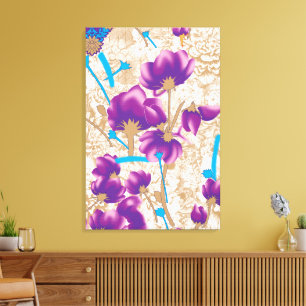 Levendig bloemmotief met paarse en blauwe f canvas afdruk