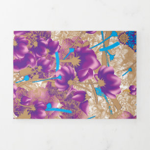 Levendig bloemmotief met paarse en blauwe f drieluik aankondiging