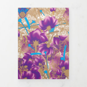 Levendig bloemmotief met paarse en blauwe f drieluik wenskaart