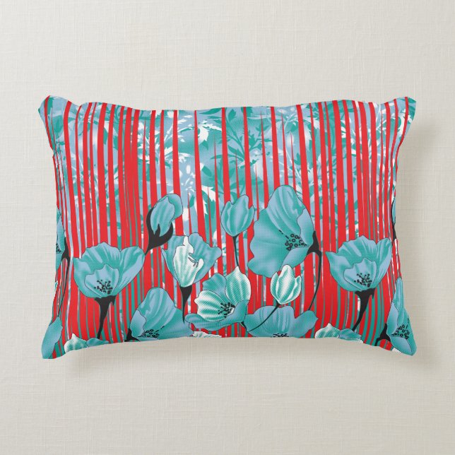 Levendig bloemmotief met turquoise bloemen, rood accent kussen (Voorkant)