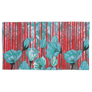 Levendig bloemmotief met turquoise bloemen, rood kussensloop