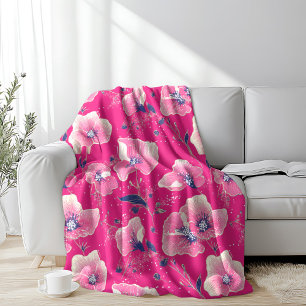 Levendig Bloempatroon in Roze, Wit & Koningsblauw Fleece Deken
